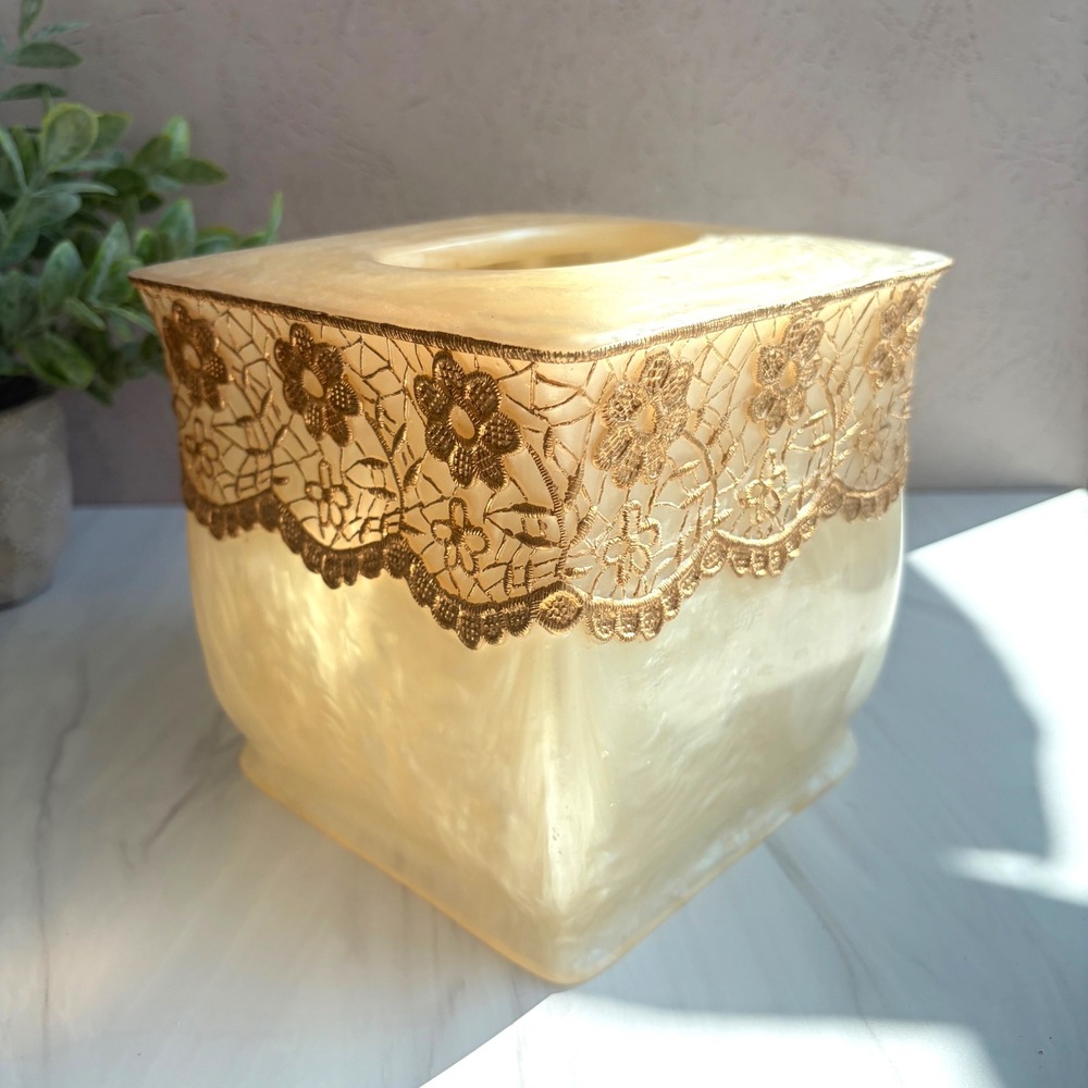 Vintage Cream Pearlized Square Tissue Box Cover Gold Floral Lace Trim